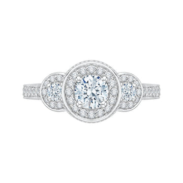 Diamond Three-Stone Halo Engagement Ring in 14K White Gold